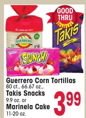 Jewel-Osco Guerrero Corn Tortillas 80 ct., 66.67 oz., Takis Snacks 9.9 oz. or Marinela Cake 11-20 oz offer