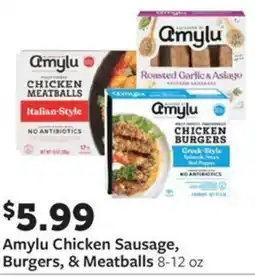 Fareway Amylu chicken sausage, burgers, & meatballs offer