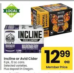 Albertsons Incline or Avid Cider - 6 pk., 12 oz. cans. Selected varieties offer