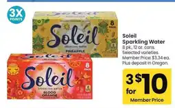 Albertsons Soleil Sparkling Water - 8 pk., 12 oz. cans. Selected varieties. Member Price: $3.34 ea offer