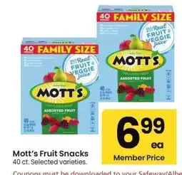 Albertsons Mott's Fruit Snacks - 40 ct. Selected varieties offer