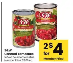 Albertsons S&W Canned Tomatoes - 14.5 oz. Selected varieties. Member Price: $2.00 ea offer