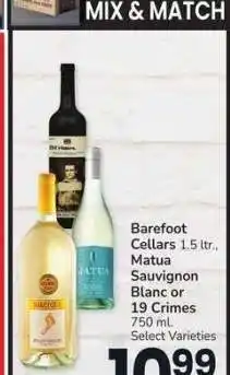 Albertsons Barefoot Cellars 1.5 ltr., Matua Sauvignon Blanc or 19 Crimes 750 ml. - Select Varieties offer