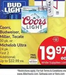 Albertsons Coors, Budweiser, Miller, Tecate 30 pk. or Michelob Ultra 24 pk offer