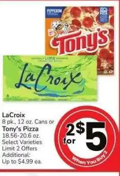 Albertsons LaCroix 8 pk., 12 oz. Cans or Tony's Pizza 18.56-20.6 oz. - Select Varieties offer