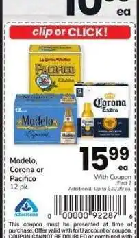 Albertsons Modelo, Corona or Pacifico - 12 pk offer
