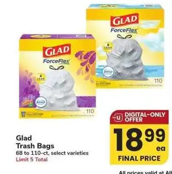 Albertsons Glad Trash Bags - 68 to 110 - ct, select varieties offer