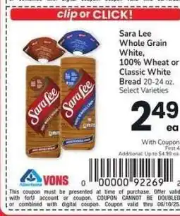 Albertsons Sara Lee Whole Grain White, 100% Wheat or Classic White Bread 20-24 oz. - Select Varieties offer