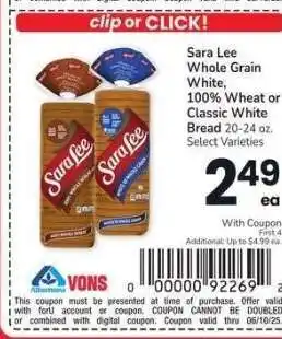 Albertsons Sara Lee Whole Grain White, 100% Wheat or Classic White Bread 20-24 oz. - Select Varieties offer