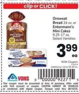 Albertsons Oroweat Bread 24 oz. or Entenmann's Mini Cakes 9.25-17 oz. - Select Varieties offer