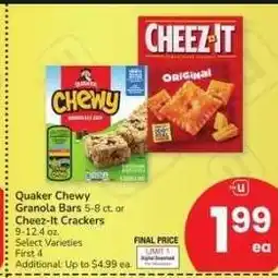 Albertsons Quaker Chewy Granola Bars 5-8 ct. or Cheez-It Crackers 9-12.4 oz. - Select Varieties offer