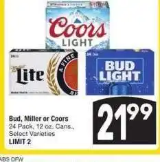 Albertsons Bud, Miller or Coors - 24 Pack, 12 oz. Cans., Select Varieties offer