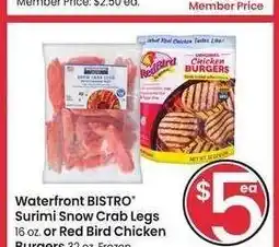Albertsons Waterfront BISTRO Surimi Snow Crab Legs 16 oz. or Red Bird Chicken Burgers 32 oz. - Frozen offer