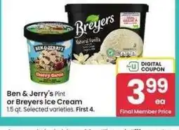 Albertsons Ben & Jerry's Pint or Breyers Ice Cream 1.5 qt. - Selected varieties offer