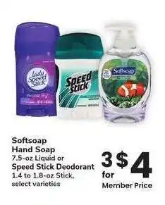 Albertsons Softsoap Hand Soap 7.5-oz Liquid or Speed Stick Deodorant 1.4 to 1.8-oz Stick - select varieties offer