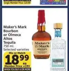 Albertsons Maker's Mark Bourbon or Olmeca Altos Tequila - 750 ml. Selected varieties Mix or Match offer