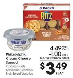 Kroger Philadelphia Cream Cheese Spread or Ritz Sandwich Crackers offer