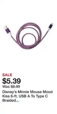 Kohl's Disney's Minnie Mouse Mood Kiss 6-ft. USB A To Type C Braided Charging Cable offer