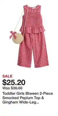 Kohl's Toddler Girls Btween 2-Piece Smocked Peplum Top & Gingham Wide-Leg Pants Set offer