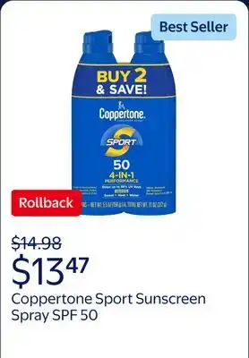 Walmart Coppertone Sport Sunscreen Spray SPF 50 offer
