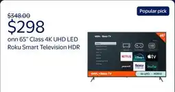 Walmart onn 65 Class 4K UHD (2160P) LED Roku Smart Television HDR offer