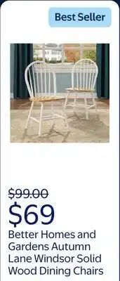 Walmart Better Homes and Gardens Autumn Lane Windsor Solid Wood Dining Chairs, White and Oak (Set of 2) offer