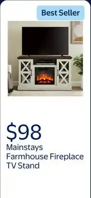 Walmart Mainstays Farmhouse Fireplace TV Stand for TVs up to 55, off White/Walnut offer
