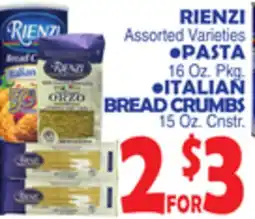 Bravo Supermarkets RIENZI Assorted Varieties •PASTA 16 Oz. Pkg. •ITALIAN BREAD CRUMBS 15 Oz. Cnstr offer
