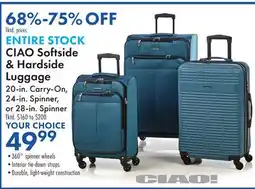 Boscov's ENTIRE STOCK CIAO Softside & Hardside Luggage offer