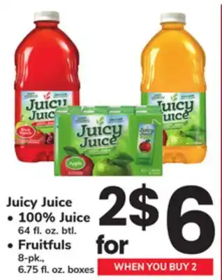 ACME Juicy Juice 100% Juice 64 fl. oz. btl., Fruitfuls 8 - pk., 6.75 fl. oz. boxes offer