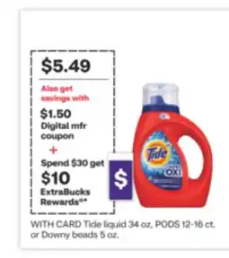 CVS Tide liquid 34 oz, PODS 12-16 ct. or Downy beads 5 oz offer