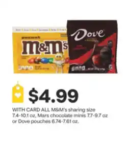 CVS M&m's Sharing size 7.4-10.1 oz, Mars chocolate minis 7.7-9.78 oz or Dove pouches 6.74-7.61 oz offer