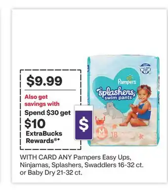CVS Pampers Easy Ups, Ninjamas, Splashers, Swaddlers 16-32 ct. or Baby Dry 21-32 ct offer