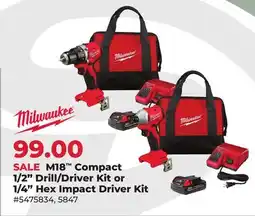 Runnings Milwaukee M18 Compact 1/2 Drill/Driver Kit or 1/4 Hex Impact Driver Kit offer