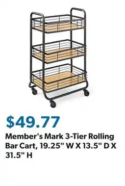Sam's Club Member's Mark 3-Tier Rolling Bar Cart, 19.25 W X 13.5 D X 31.5 H offer