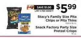ShopRite Stacy's Family Size Pita Chips or Pita Thins / Snack Factory Party Size Pretzel Crisps offer