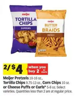 Meijer Meijer Pretzels, Tortilla Chips, Corn Chips, Cheese Puffs or Curls offer