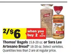Meijer Thomas' Bagels 15.8-20 oz. or Sara Lee Artesano Bread 16-20 oz offer
