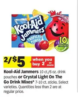 Meijer Kool-Aid Jammers 10 ct./6 oz. drink pouches or Crystal Light On The Go Drink Mixes* 7-10 ct. sticks offer