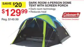 Dunham's Sports COLEMAN DARK ROOM 4-PERSON DOME TENT WITH SCREEN PORCH offer