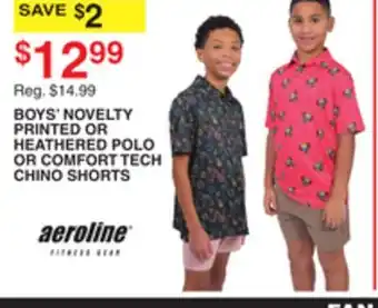 Dunham's Sports AEROLINE BOYS' NOVELTY PRINTED OR HEATHERED POLO OR COMFORT TECH CHINO SHORTS offer