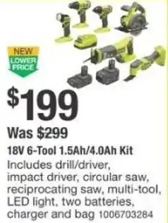 The Home Depot RYOBI 18V 6-Tool 1.5Ah/4.0Ah Kit offer