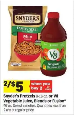Meijer Snyder’s Pretzels or V8 Vegetable Juice offer