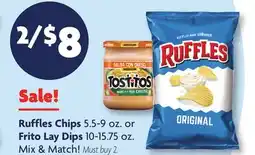 Family Dollar Ruffles Chips 5.5-9 oz. or Frito Lay Dips 10-15.75 oz offer