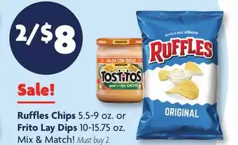 Family Dollar Ruffles Chips 5.5-9 oz. or Frito Lay Dips 10-15.75 oz offer