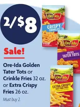 Family Dollar Ore-Ida Golden Tater Tots or Crinkle Fries 32 oz. or Extra Crispy Fries 26 oz offer