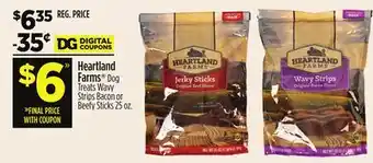 Dollar General Heartland Farms Dog Treats Wavy Strips Bacon or Beefy Sticks offer