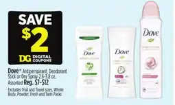 Dollar General Dove Antiperspirant, Deodorant Stick or Dry Spray 2.6-3.8 oz offer