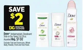 Dollar General Dove Antiperspirant, Deodorant Stick or Dry Spray 2.6-3.8 oz offer