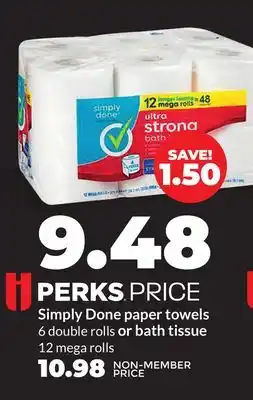 Hy-Vee Simply Done paper towels 6 double rolls or bath tissue 12 mega rolls offer